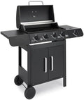 4+1 Burner Gas BBQ Grill, Outdoor Barbecue with Warming Rack, Side Burner, Storage Cabinet, Temperature Gauge, Wheels, Gas Hose & Regulator
