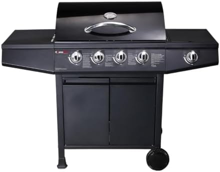 Gas BBQ Grill 5 Burner (4 Main + 1 Side Burner), Outdoor Barbecue with Steel Warming Rack, Storage Cabinet, Temperature Gauge