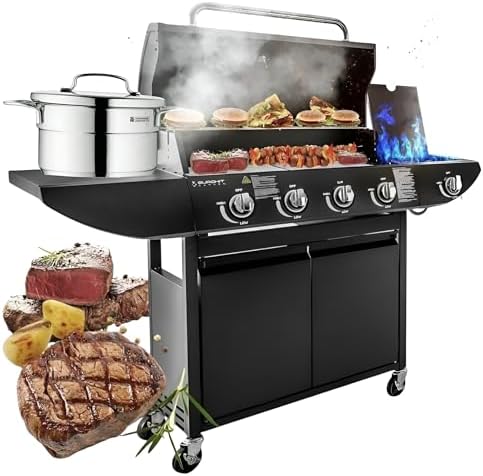 Gas BBQ Grill 5 Burner (4 Main + 1 Side Burner), Outdoor Barbecue with Steel Warming Rack, Storage Cabinet, Temperature Gauge
