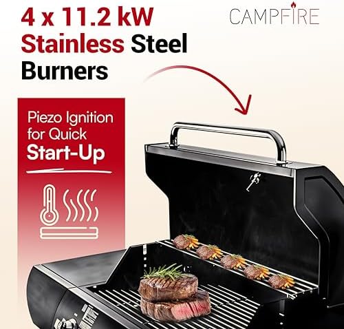 Gas BBQ Grill 5 Burner (4 Main + 1 Side Burner), Outdoor Barbecue with Steel Warming Rack, Storage Cabinet, Temperature Gauge