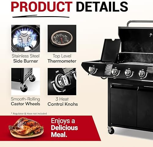 Gas BBQ Grill 5 Burner (4 Main + 1 Side Burner), Outdoor Barbecue with Steel Warming Rack, Storage Cabinet, Temperature Gauge