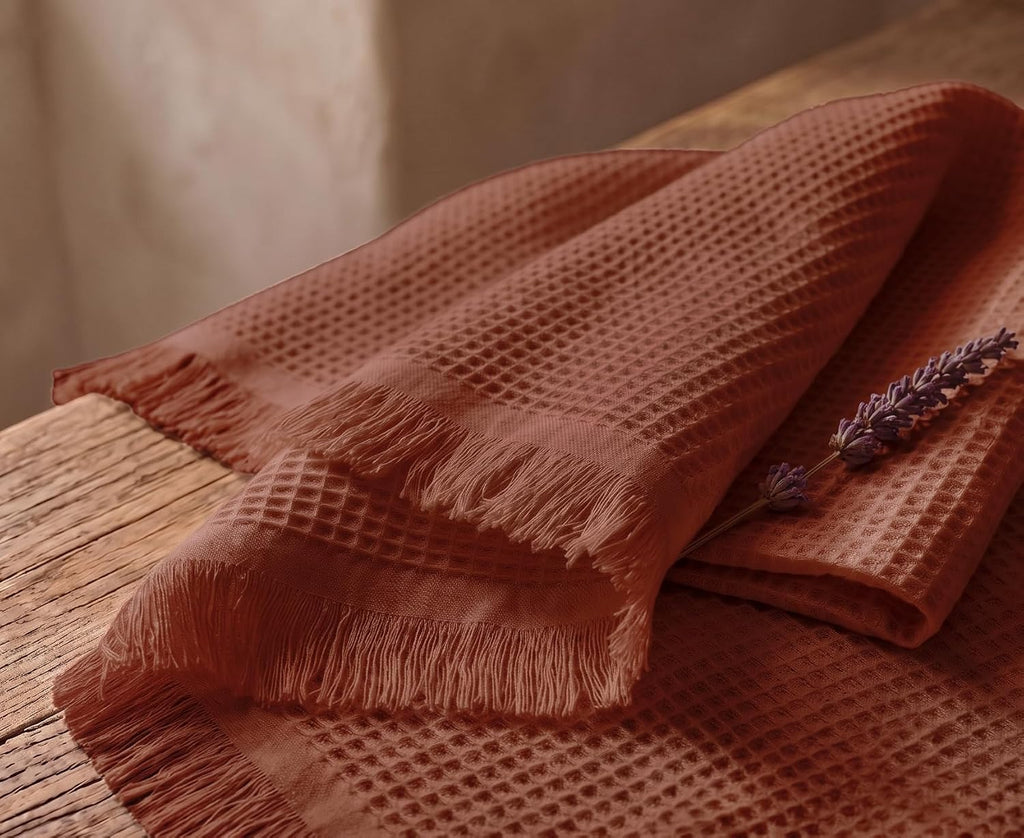 PurpleEssences Waffle Weave Cotton Table Runner – Boho Rustic Fringe Farmhouse Style Table Linen for Coffee Table, Dining & Kitchen Décor, Ideal for Spring Easter Summer - 13 x 72 Inch - Rust