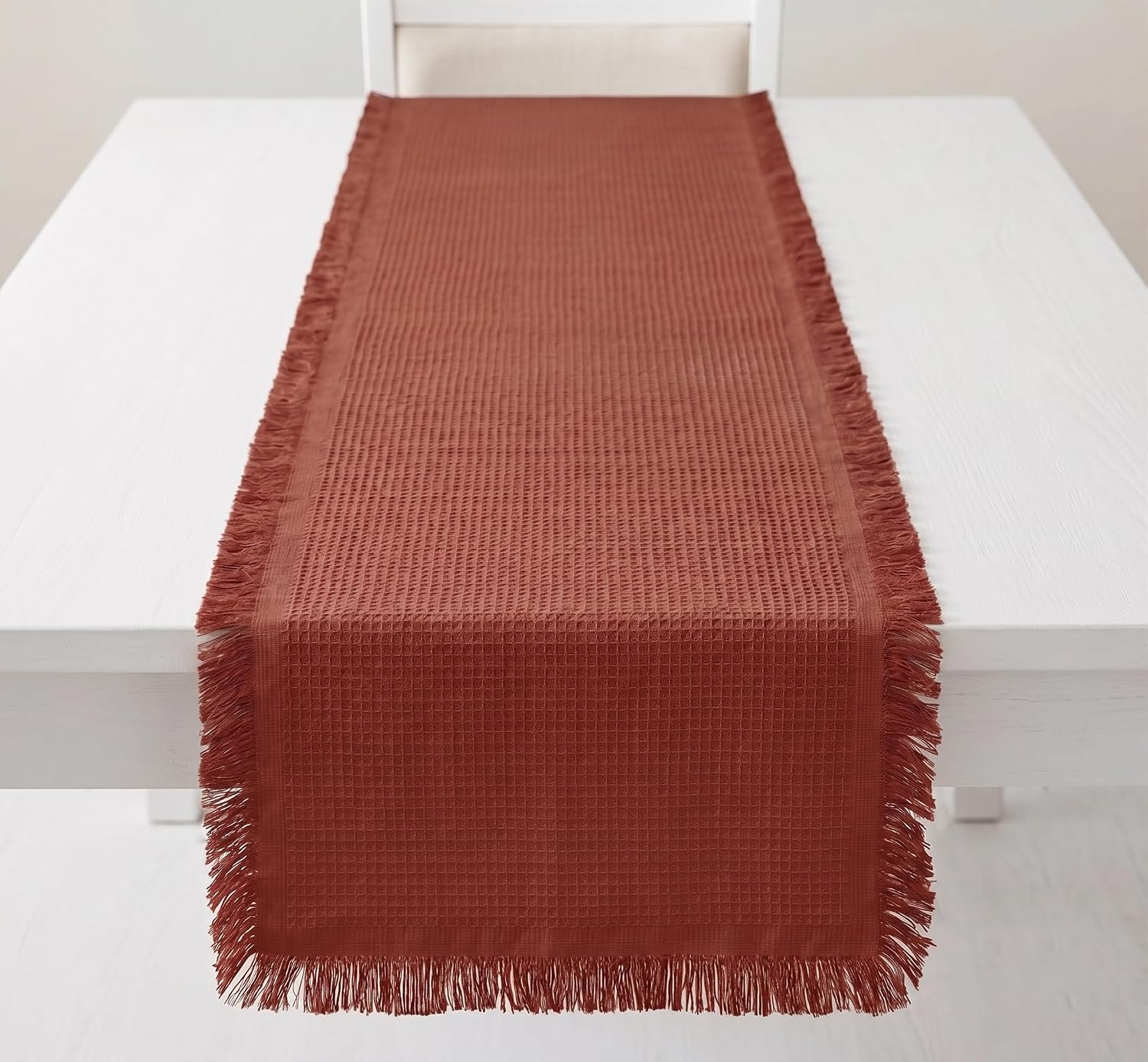 PurpleEssences Waffle Weave Cotton Table Runner – Boho Rustic Fringe Farmhouse Style Table Linen for Coffee Table, Dining & Kitchen Décor, Ideal for Spring Easter Summer - 13 x 72 Inch - Rust