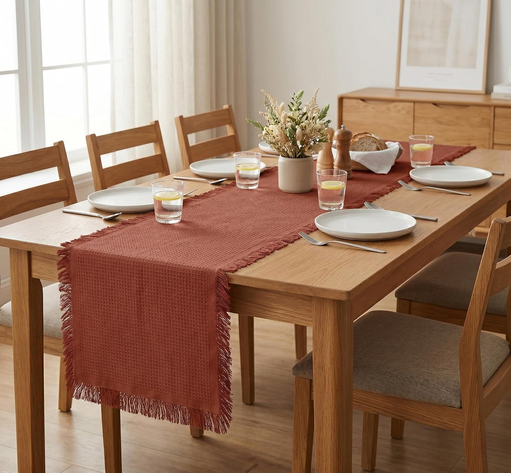 PurpleEssences Waffle Weave Cotton Table Runner – Boho Rustic Fringe Farmhouse Style Table Linen for Coffee Table, Dining & Kitchen Décor, Ideal for Spring Easter Summer - 13 x 72 Inch - Rust