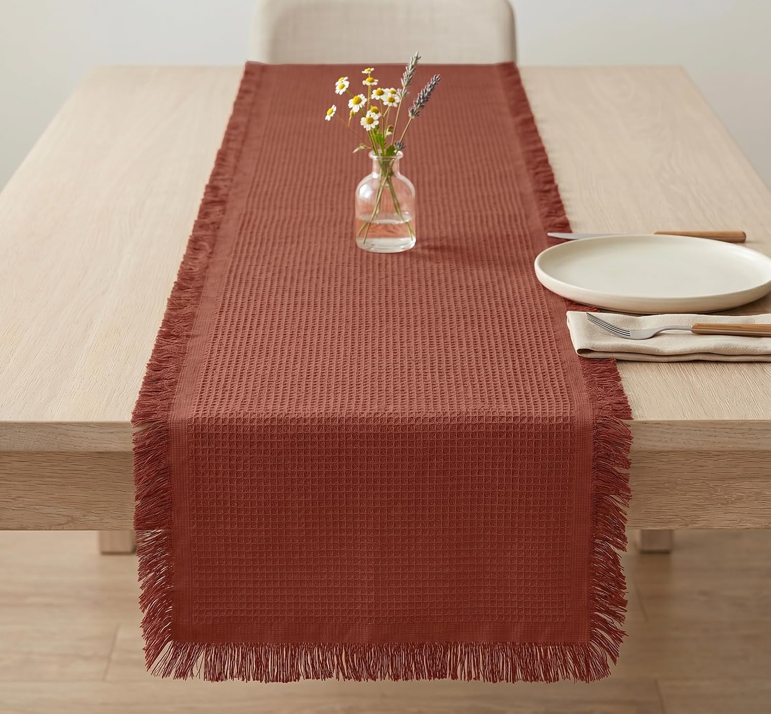 PurpleEssences Waffle Weave Cotton Table Runner – Boho Rustic Fringe Farmhouse Style Table Linen for Coffee Table, Dining & Kitchen Décor, Ideal for Spring Easter Summer - 13 x 72 Inch - Rust