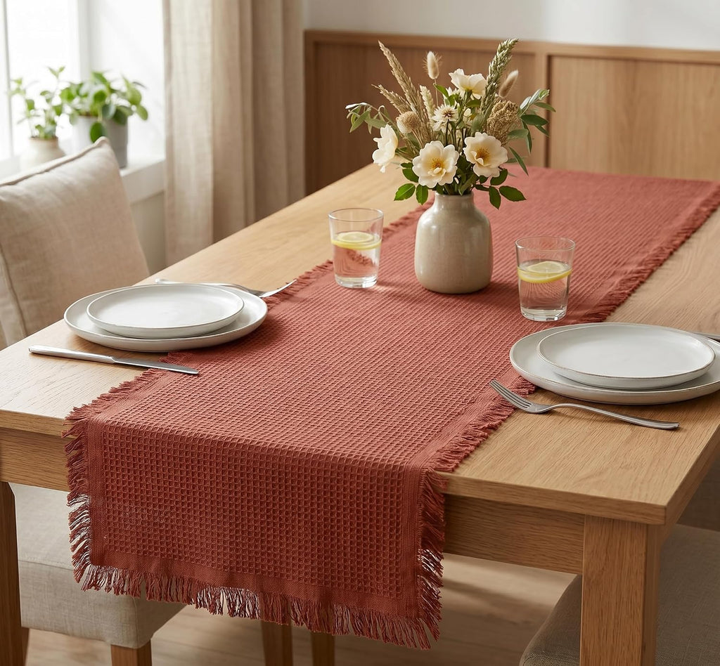 PurpleEssences Waffle Weave Cotton Table Runner – Boho Rustic Fringe Farmhouse Style Table Linen for Coffee Table, Dining & Kitchen Décor, Ideal for Spring Easter Summer - 13 x 72 Inch - Rust