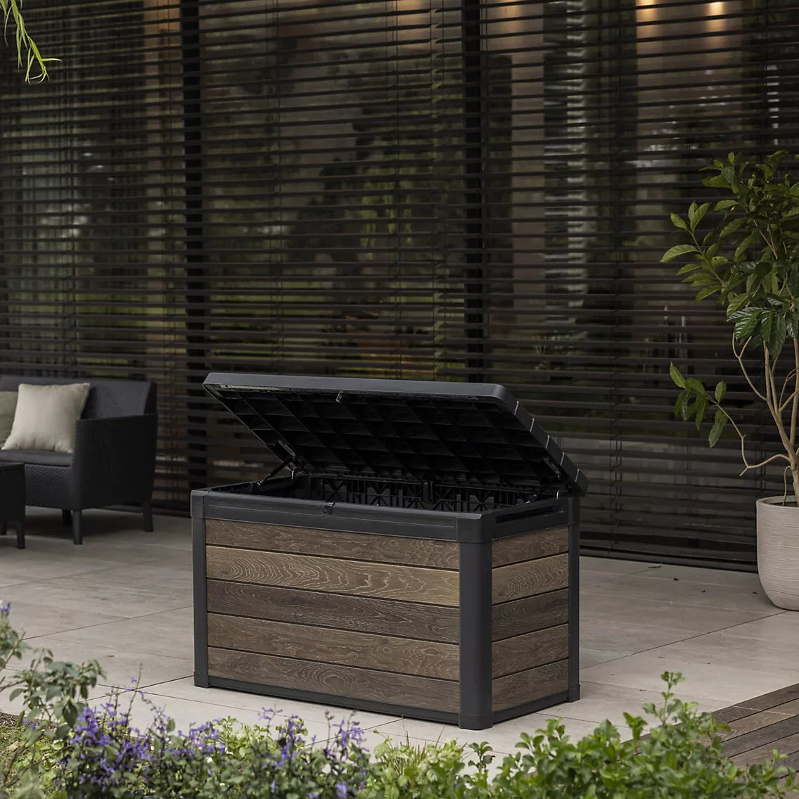 757L Outdoor Garden Storage Box, Resin Storage Unit, 5 × 2 ft, Walnut